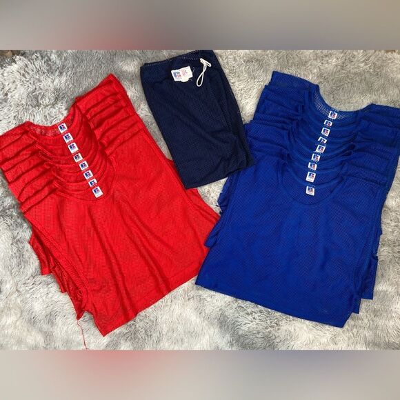 Vintage 90s XL Russell Athletics Mesh Practice Jerseys Vests 9 blue, 8 red + bag - Picture 1 of 14